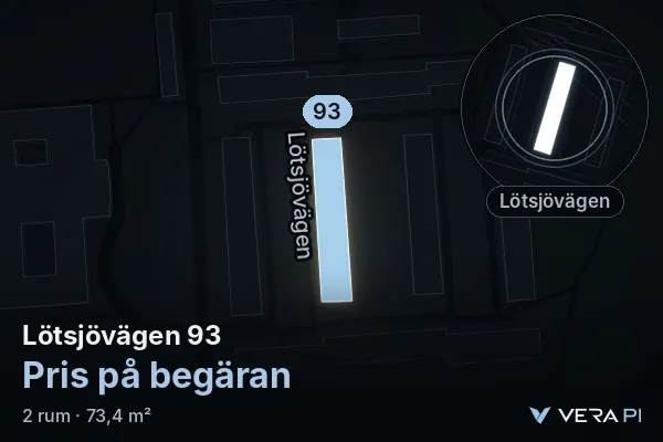 VERA PI:s bild av Lötsjövägen 93: huset i 3D, upplyst i blått, och kartan runt omkring