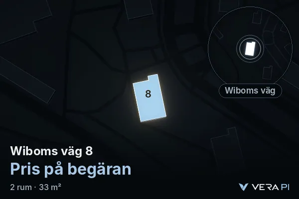 VERA PI:s bild av Wiboms väg 8: huset i 3D, upplyst i blått, och kartan runt omkring