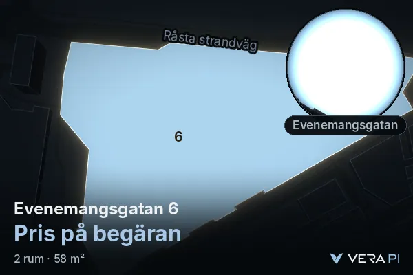 VERA PI:s bild av Evenemangsgatan 6: huset i 3D, upplyst i blått, och kartan runt omkring