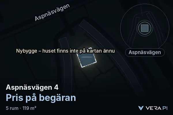 VERA PI's image of Aspnäsvägen 4: the building in 3D, lit in blue, and the map around it