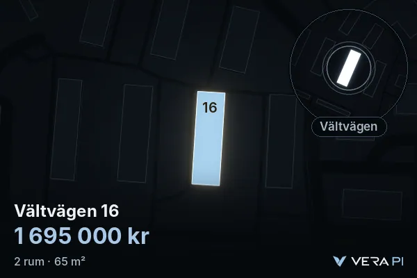 VERA PI's image of Vältvägen 16: the building in 3D, lit in blue, and the map around it