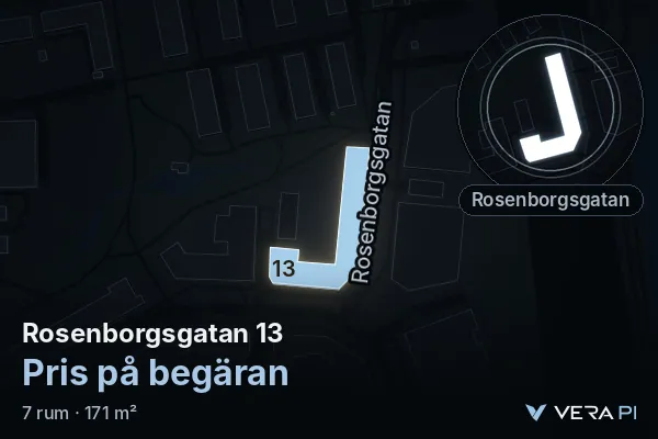 VERA PI's image of Rosenborgsgatan 13: the building in 3D, lit in blue, and the map around it