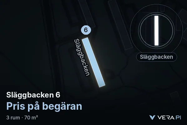 VERA PI:s bild av Släggbacken 6: huset i 3D, upplyst i blått, och kartan runt omkring