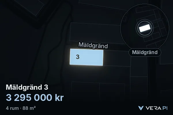 VERA PI's image of Mäldgränd 3: the building in 3D, lit in blue, and the map around it