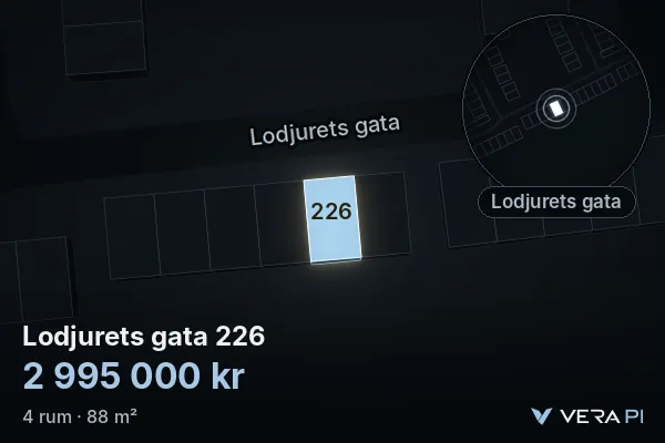 VERA PI:s bild av Lodjurets gata 226: huset i 3D, upplyst i blått, och kartan runt omkring