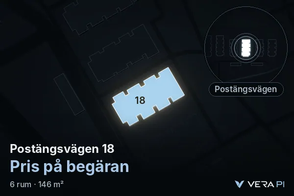 VERA PI's image of Postängsvägen 18: the building in 3D, lit in blue, and the map around it