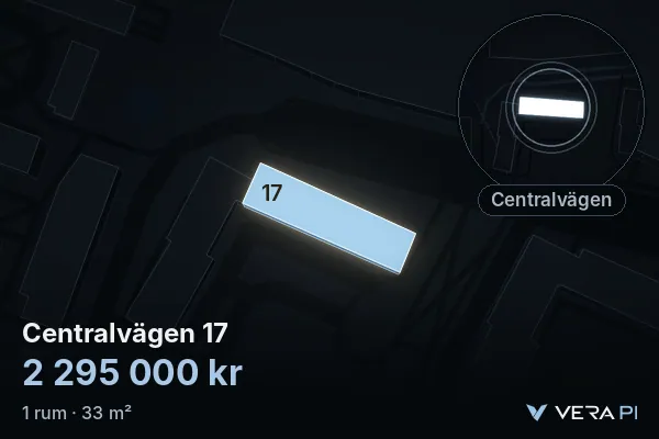 VERA PI's image of Centralvägen 17: the building in 3D, lit in blue, and the map around it