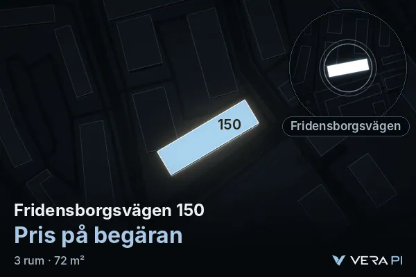 VERA PI's image of Fridensborgsvägen 150: the building in 3D, lit in blue, and the map around it