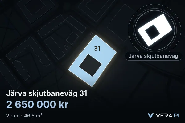 VERA PI's image of Järva skjutbaneväg 31: the building in 3D, lit in blue, and the map around it
