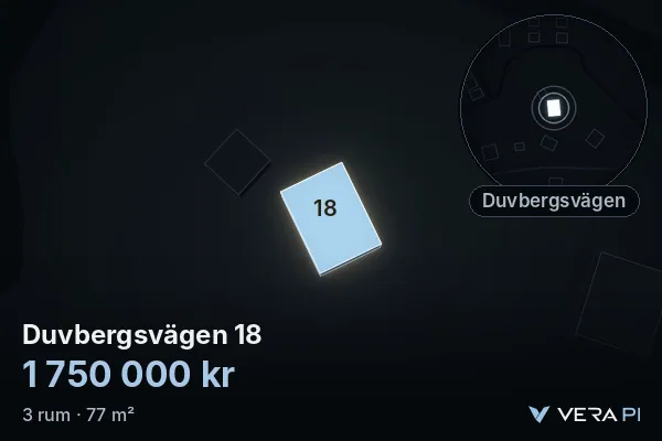 VERA PI's image of Duvbergsvägen 18: the building in 3D, lit in blue, and the map around it