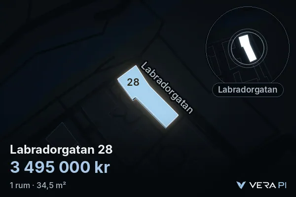 VERA PI's image of Labradorgatan 28: the building in 3D, lit in blue, and the map around it