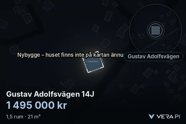 VERA PI:s bild av Gustav Adolfsvägen 14J: huset i 3D, upplyst i blått, och kartan runt omkring