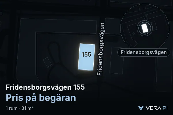 VERA PI:s bild av Fridensborgsvägen 155: huset i 3D, upplyst i blått, och kartan runt omkring