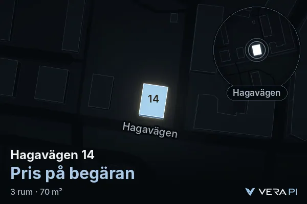 VERA PI's image of Hagavägen 14: the building in 3D, lit in blue, and the map around it