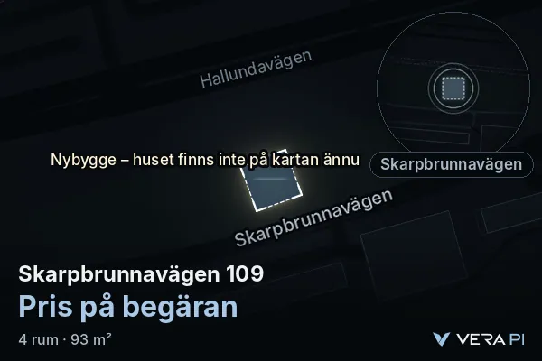 VERA PI's image of Skarpbrunnavägen 109: the building in 3D, lit in blue, and the map around it