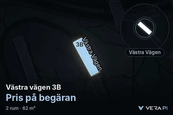 VERA PI:s bild av Västra vägen 3B: huset i 3D, upplyst i blått, och kartan runt omkring