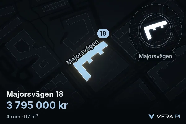 VERA PI's image of Majorsvägen 18: the building in 3D, lit in blue, and the map around it
