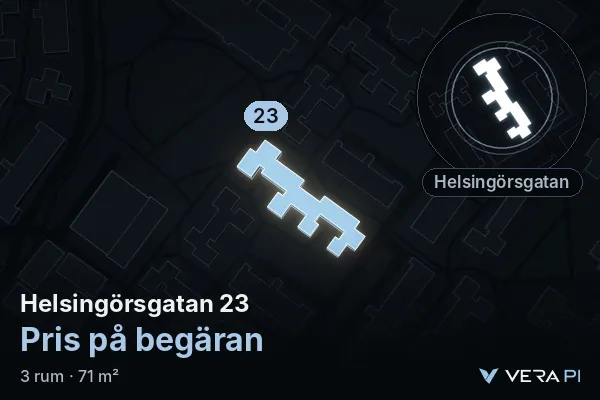 VERA PI's image of Helsingörsgatan 23: the building in 3D, lit in blue, and the map around it