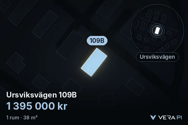 VERA PI:s bild av Ursviksvägen 109B: huset i 3D, upplyst i blått, och kartan runt omkring