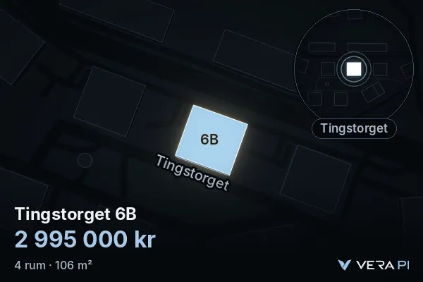 VERA PI's image of Tingstorget 6B: the building in 3D, lit in blue, and the map around it