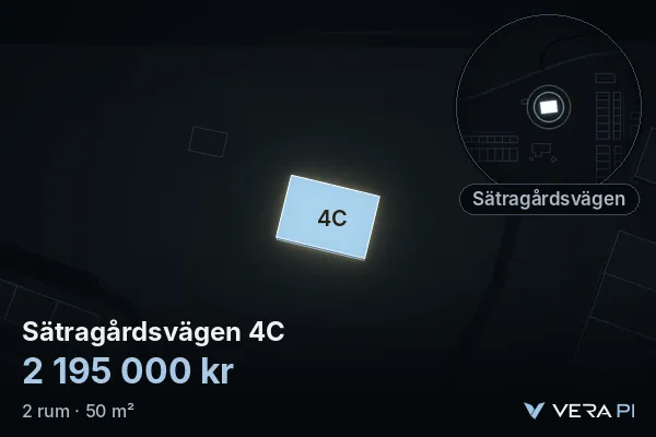 VERA PI's image of Sätragårdsvägen 4C: the building in 3D, lit in blue, and the map around it