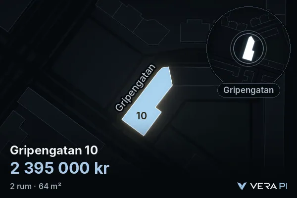 VERA PI's image of Gripengatan 10: the building in 3D, lit in blue, and the map around it