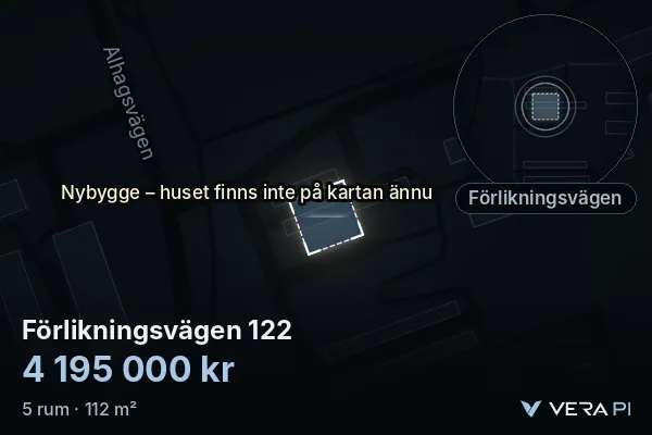 VERA PI's image of Förlikningsvägen 122: the building in 3D, lit in blue, and the map around it