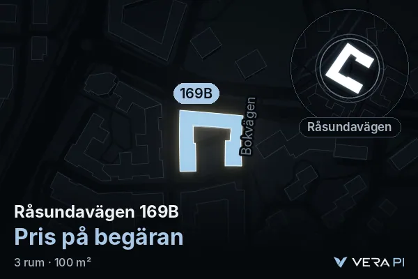 VERA PI:s bild av Råsundavägen 169B: huset i 3D, upplyst i blått, och kartan runt omkring