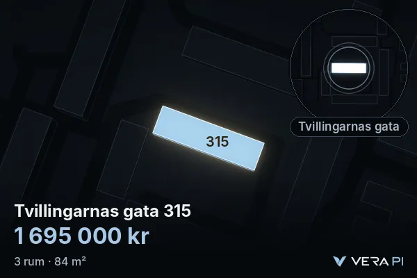 VERA PI:s bild av Tvillingarnas gata 315: huset i 3D, upplyst i blått, och kartan runt omkring