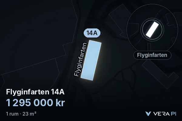 VERA PI's image of Flyginfarten 14A: the building in 3D, lit in blue, and the map around it