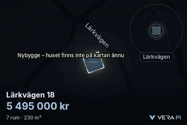 VERA PI's image of Lärkvägen 18: the building in 3D, lit in blue, and the map around it