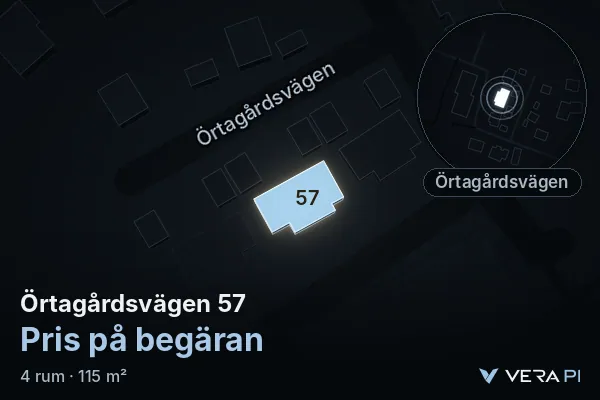 VERA PI:s bild av Örtagårdsvägen 57: huset i 3D, upplyst i blått, och kartan runt omkring