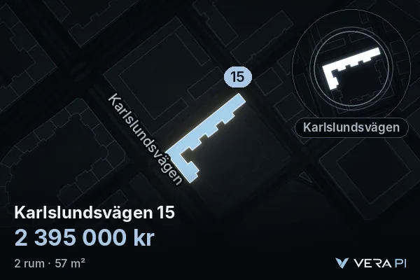 VERA PI's image of Karlslundsvägen 15: the building in 3D, lit in blue, and the map around it