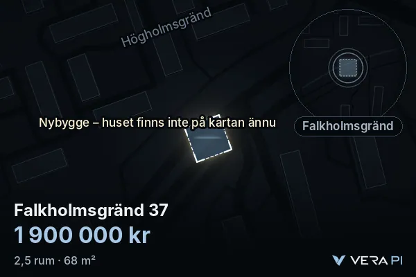 VERA PI's image of Falkholmsgränd 37: the building in 3D, lit in blue, and the map around it
