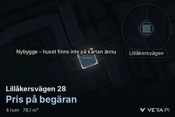 VERA PI's image of Lillåkersvägen 28: the building in 3D, lit in blue, and the map around it