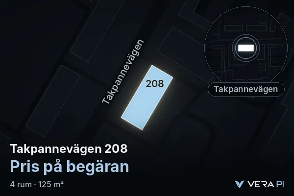 VERA PI:s bild av Takpannevägen 208: huset i 3D, upplyst i blått, och kartan runt omkring