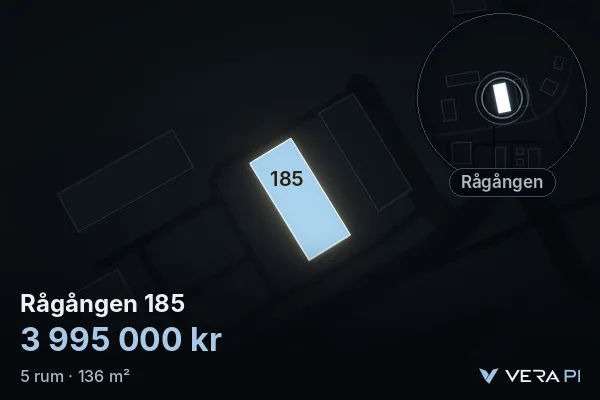 VERA PI's image of Rågången 185: the building in 3D, lit in blue, and the map around it