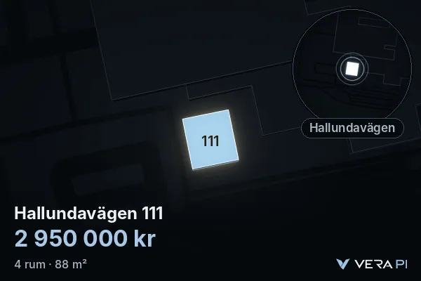 VERA PI's image of Hallundavägen 111: the building in 3D, lit in blue, and the map around it