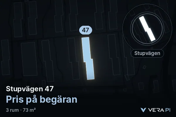 VERA PI's image of Stupvägen 47: the building in 3D, lit in blue, and the map around it