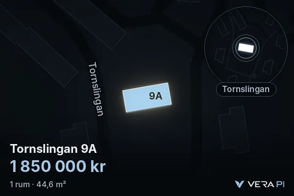 VERA PI's image of Tornslingan 9A: the building in 3D, lit in blue, and the map around it