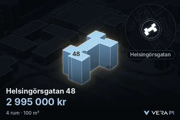 VERA PI's image of Helsingörsgatan 48: the building in 3D, lit in blue, and the map around it