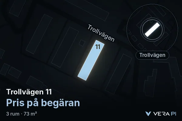 VERA PI's image of Trollvägen 11: the building in 3D, lit in blue, and the map around it