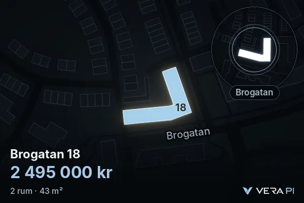 VERA PI:s bild av Brogatan 18: huset i 3D, upplyst i blått, och kartan runt omkring