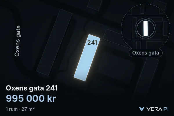 VERA PI:s bild av Oxens gata 241: huset i 3D, upplyst i blått, och kartan runt omkring