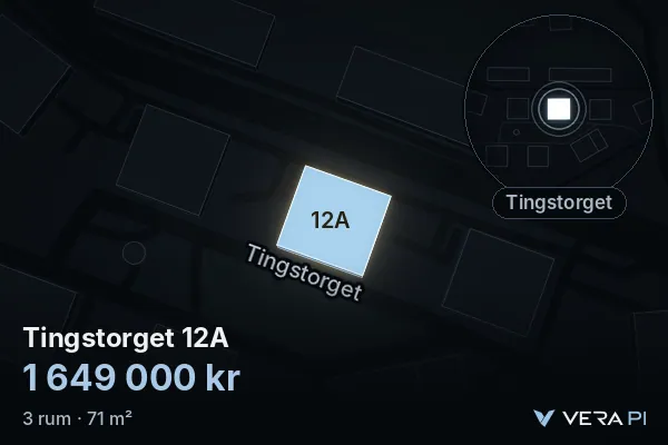 VERA PI's image of Tingstorget 12A: the building in 3D, lit in blue, and the map around it