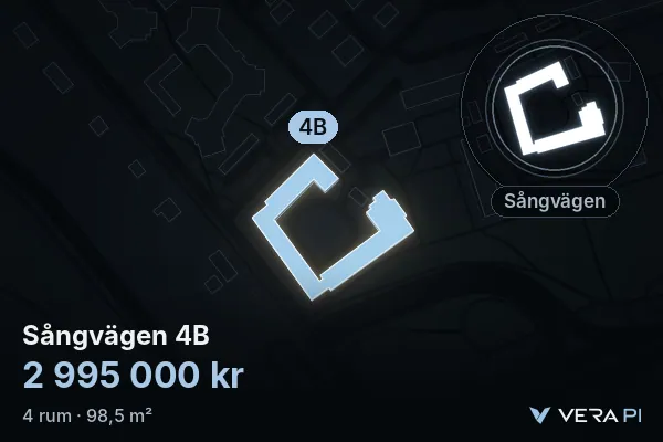 VERA PI's image of Sångvägen 4B: the building in 3D, lit in blue, and the map around it