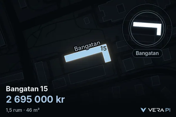 VERA PI's image of Bangatan 15: the building in 3D, lit in blue, and the map around it