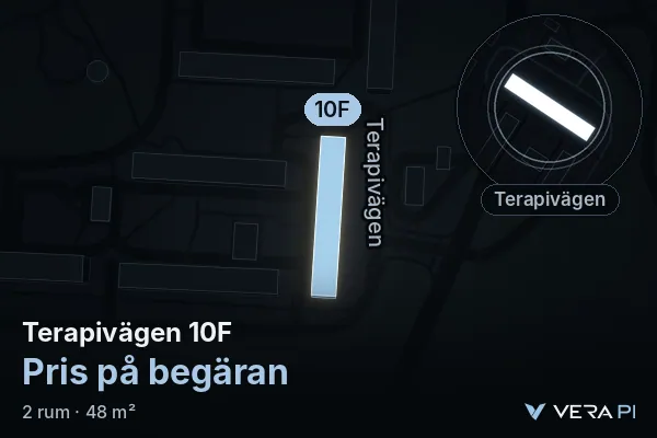 VERA PI's image of Terapivägen 10F: the building in 3D, lit in blue, and the map around it