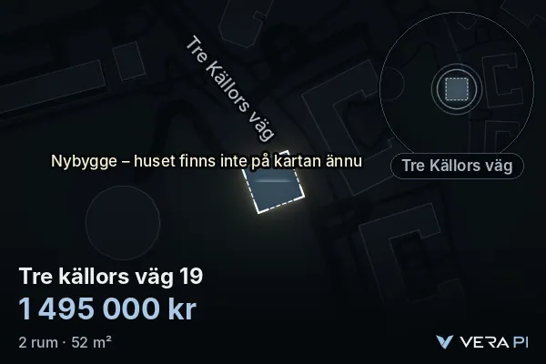 VERA PI's image of Tre källors väg 19: the building in 3D, lit in blue, and the map around it