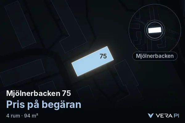 VERA PI:s bild av Mjölnerbacken 75: huset i 3D, upplyst i blått, och kartan runt omkring